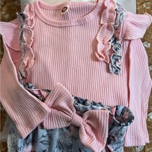 Charming Pink Ruffled Kids Long Sleeve Top Onesie & Floral Pants